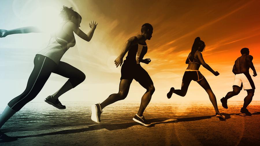 Athletes running on a beach