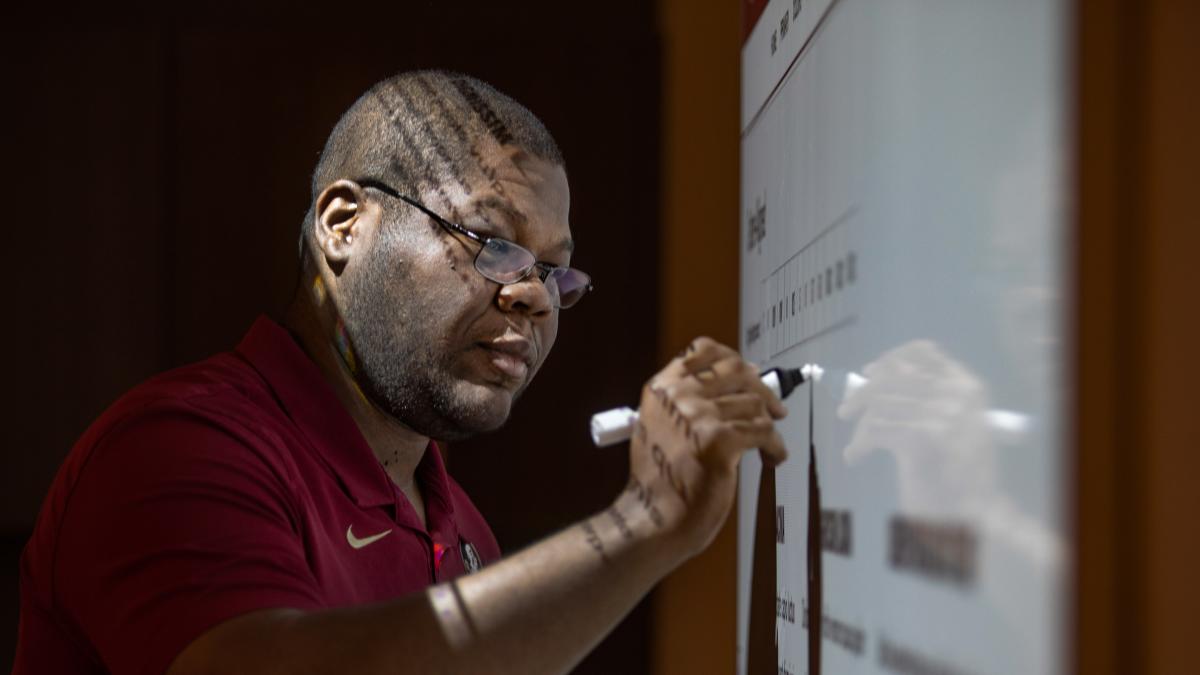 Man writing on whiteboard with projection