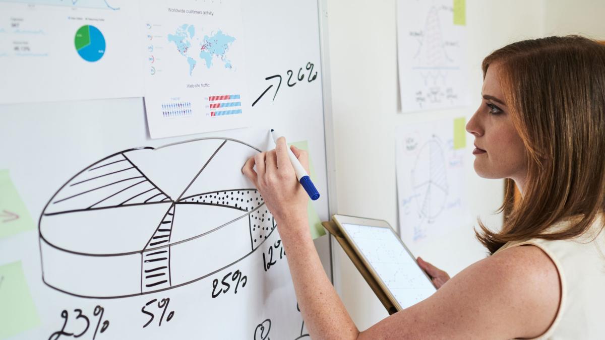 Woman drawing graphs on a whiteboard